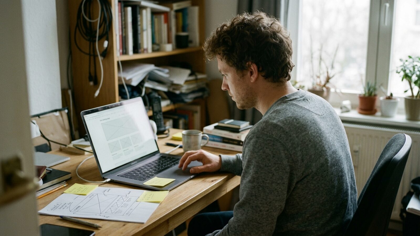 Un concepteur web travaille la maquette d'une page sur son ordinateur, croquis et notes posés à côté du clavier