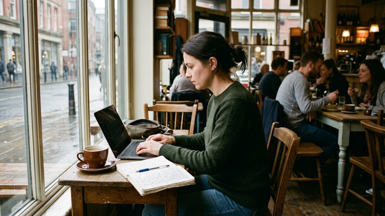 Une femme rédige un billet de blog sur son ordinateur portable dans un café, carnet de notes ouvert près d'elle