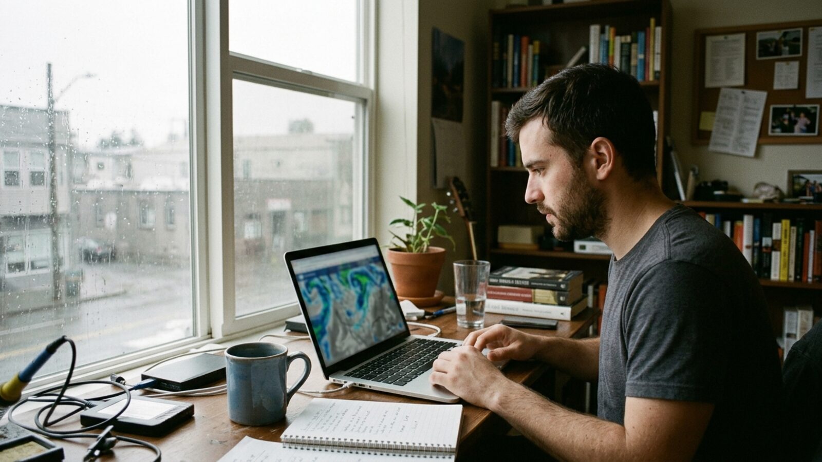 Un développeur affiche une carte météo sur son ordinateur portable, près d'une fenêtre un jour de pluie
