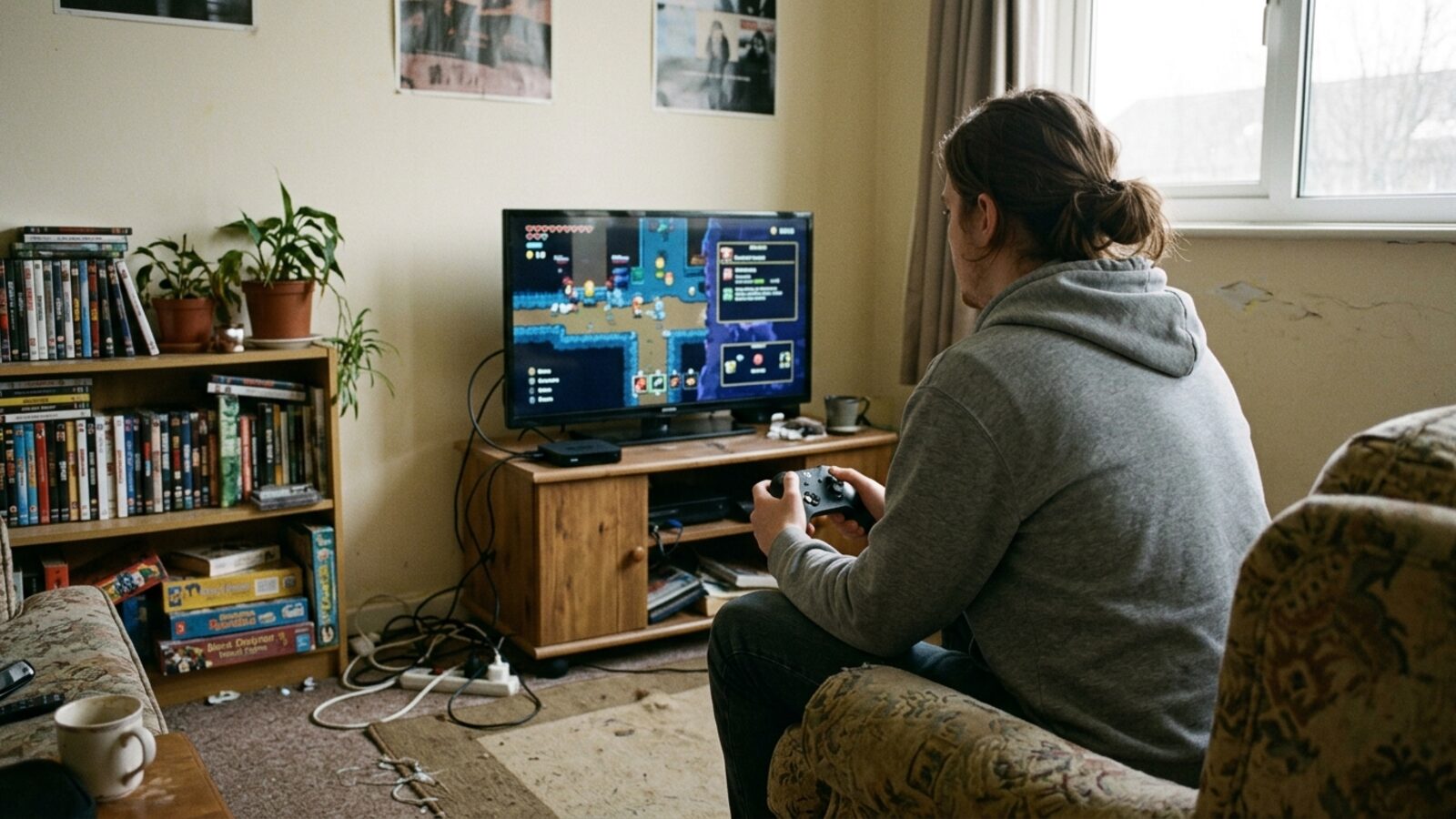 Une personne joue sur un téléviseur avec une manette sans fil, un petit boîtier de streaming posé sous l'écran