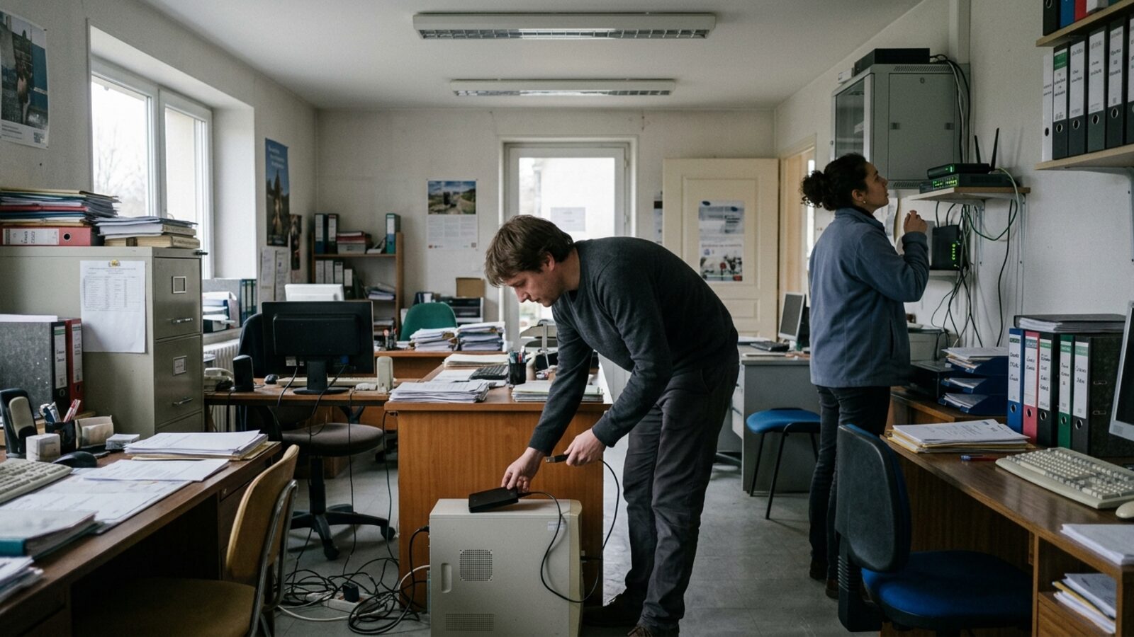 Dans un bureau de PME, un salarié branche un disque de sauvegarde pendant qu'une collègue vérifie le routeur