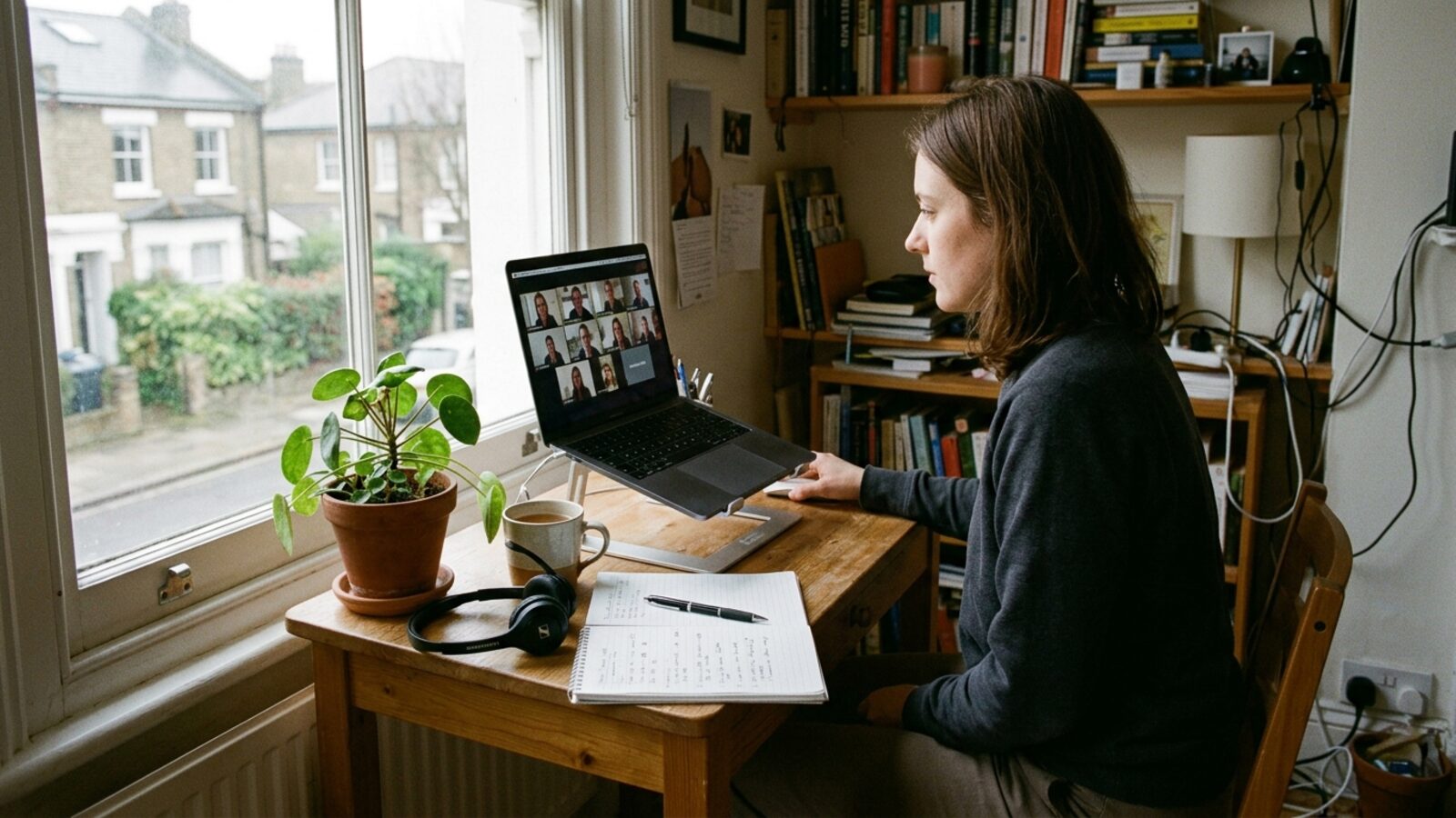 Une personne en télétravail suit une visioconférence sur un ordinateur posé sur un support, près d'une fenêtre