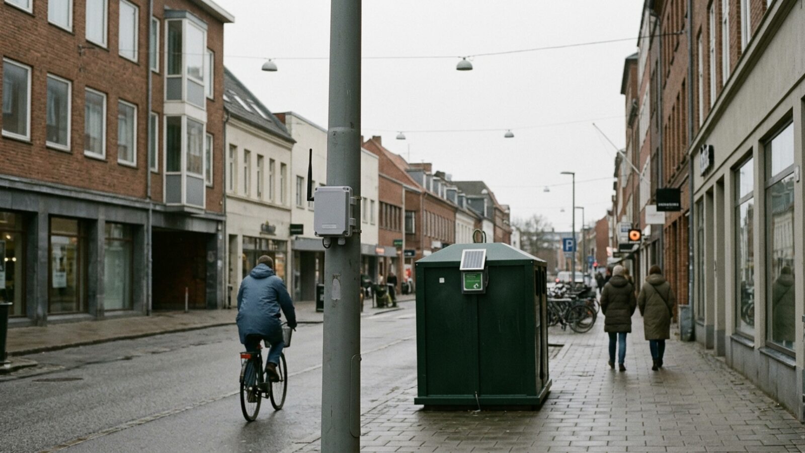 Une rue commerçante sous la pluie avec un capteur fixé à un poteau et une poubelle connectée sur le trottoir