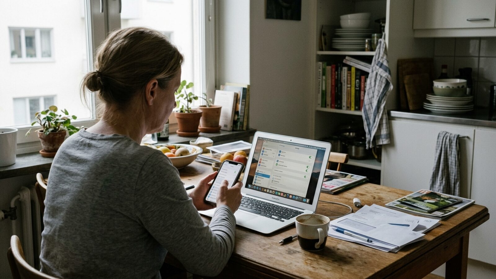 Une personne vérifie les réglages de confidentialité de son téléphone à la table de la cuisine, ordinateur ouvert