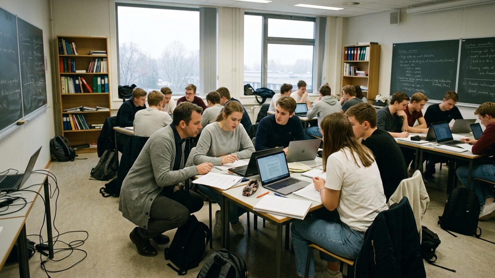 Des étudiants travaillent en petits groupes sur ordinateurs portables, un enseignant accroupi les accompagne
