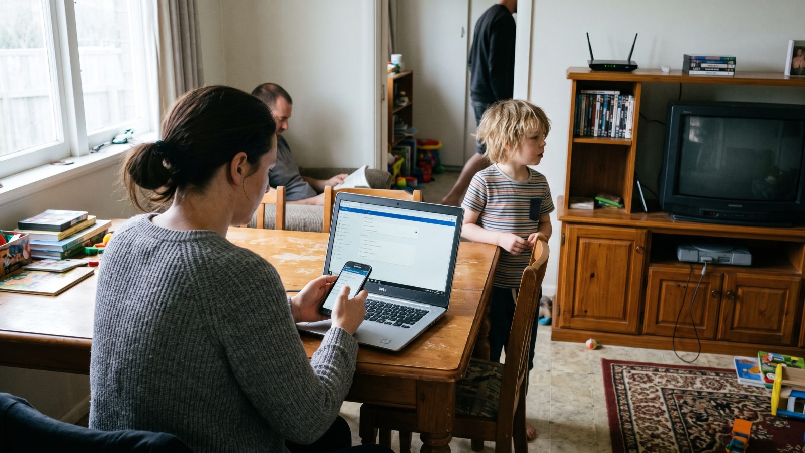 Un parent règle un smartphone à table pendant qu’un enfant se tient près d’une console, avec un ordinateur et une box visibles.