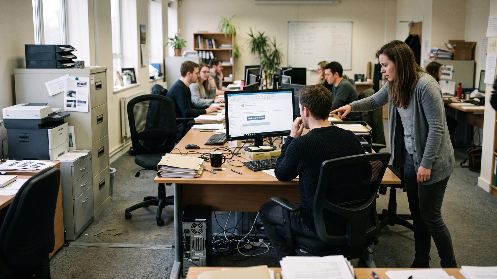 Dans un bureau, un salarié examine un courriel suspect sur son écran pendant qu’un collègue regarde à distance.